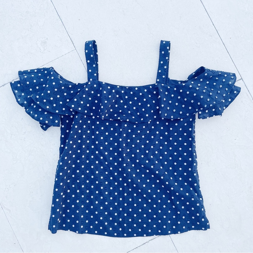 J. Crew Black Label Ruffle Blue and White Polka Dot Blouse